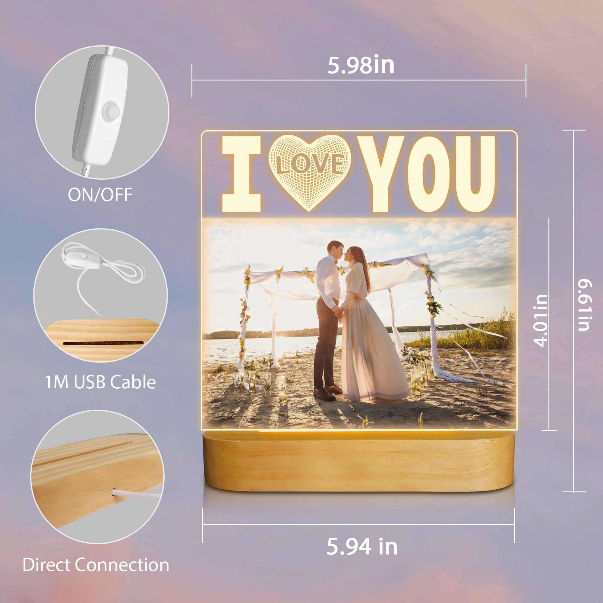 Attivolife I Love You Picture Frame for Women, Light up Photo Frame with LED Night Light, Gifts for Couple Husband Wife Men Wedding Anniversary Present