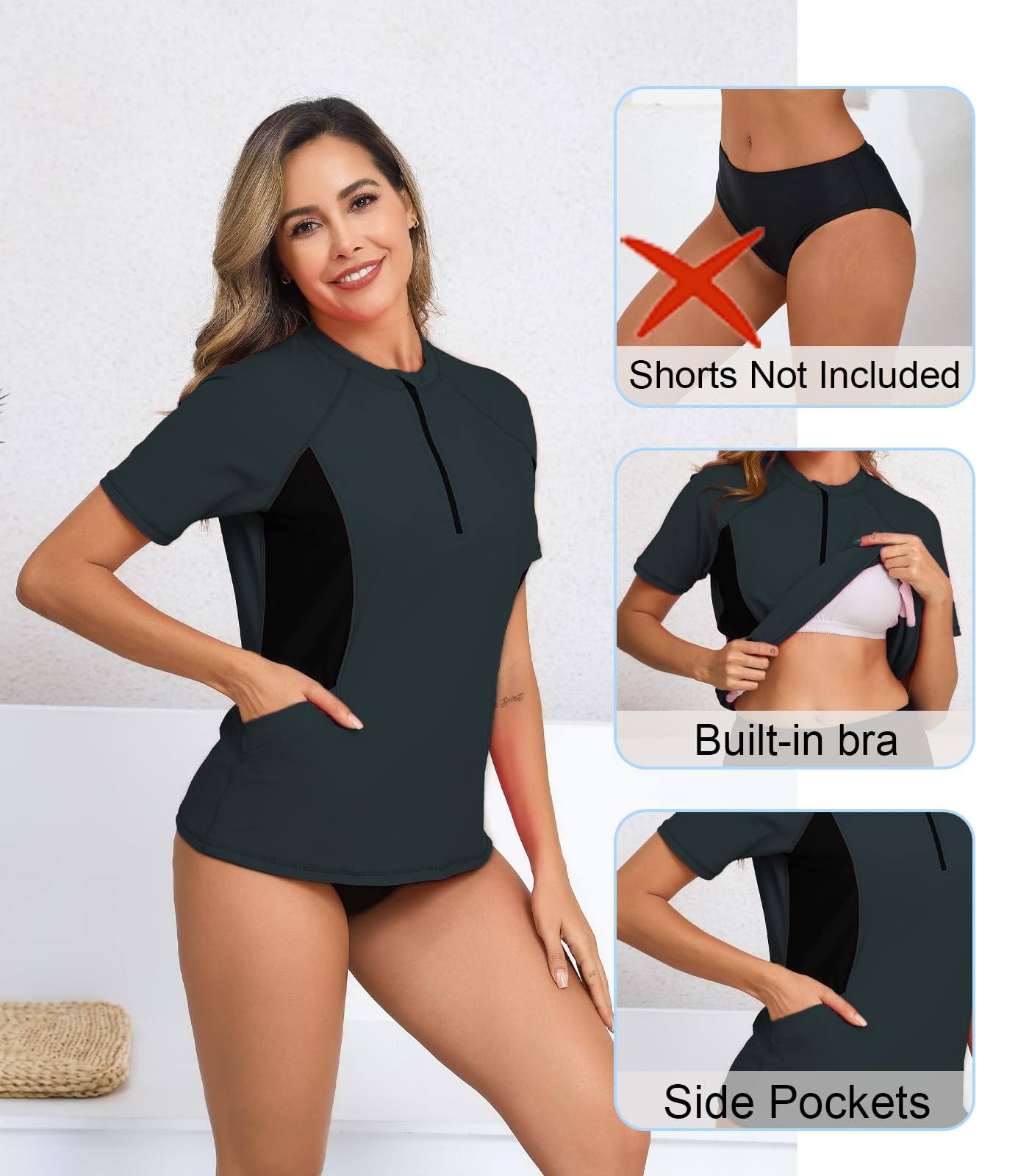 Halcurt Women's Half Zip Short Sleeve Rash Guard Top with Bra Side Pockets Swim Shirts UPF50+ Swimsuit Gray Black S