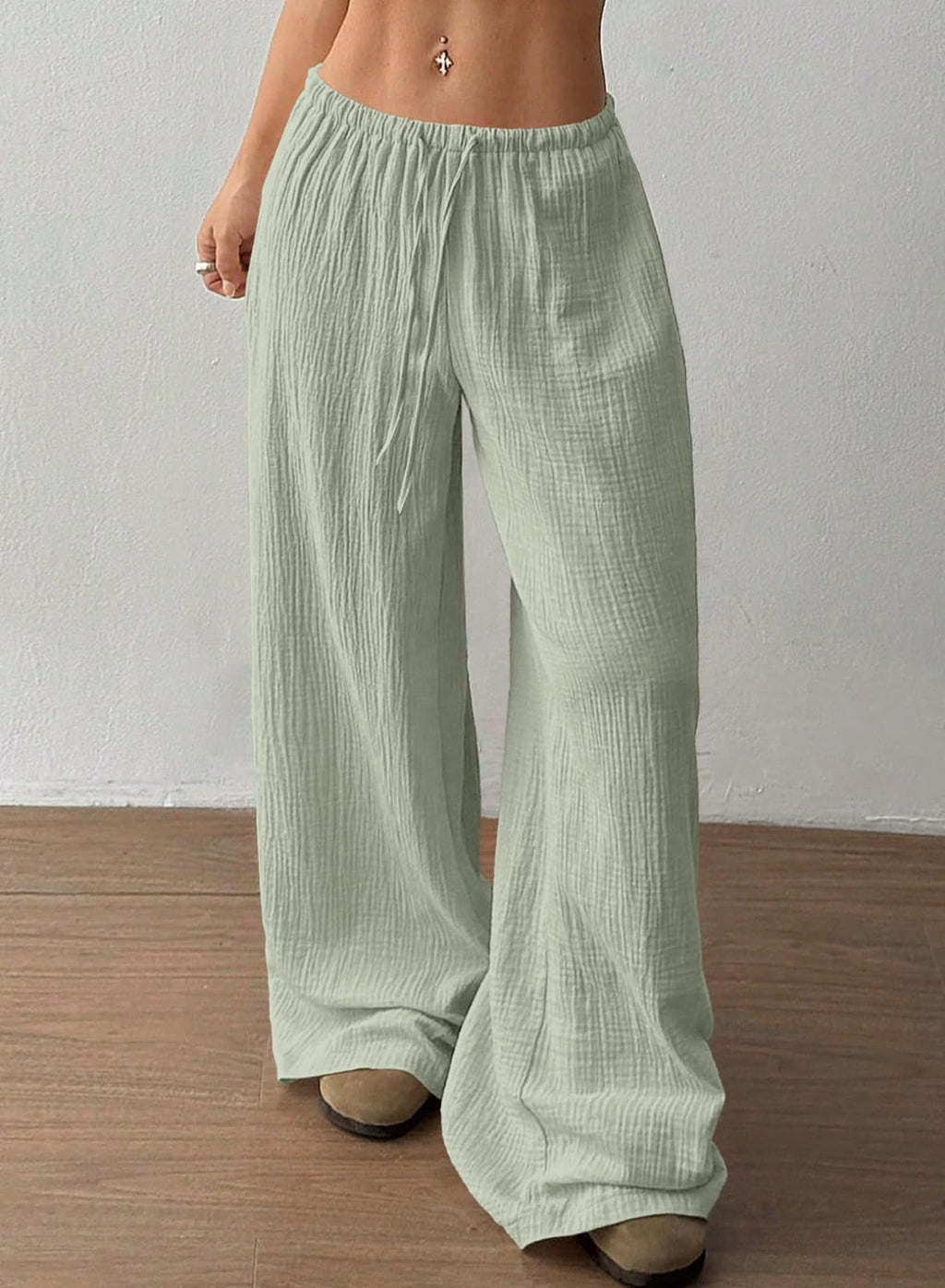 Acelitt Women’s Wide Leg Palazzo Pants Drawstring Elastic Waist Casual Loose Lounge Pants Beach Trousers Teacher Outfits for Women Green Small