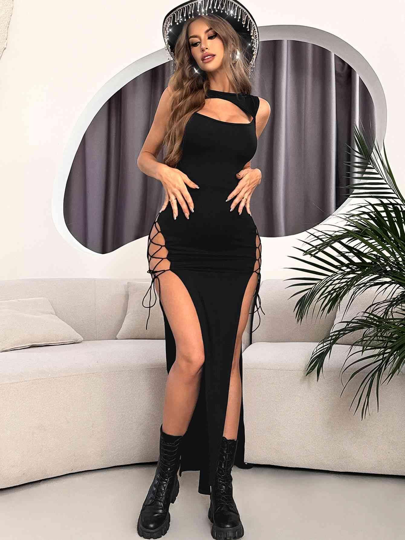 GothDark Black Goth Dress Women's Sexy Double High Slit Cut Out Round Neck Party Club Prom Midi Dresses