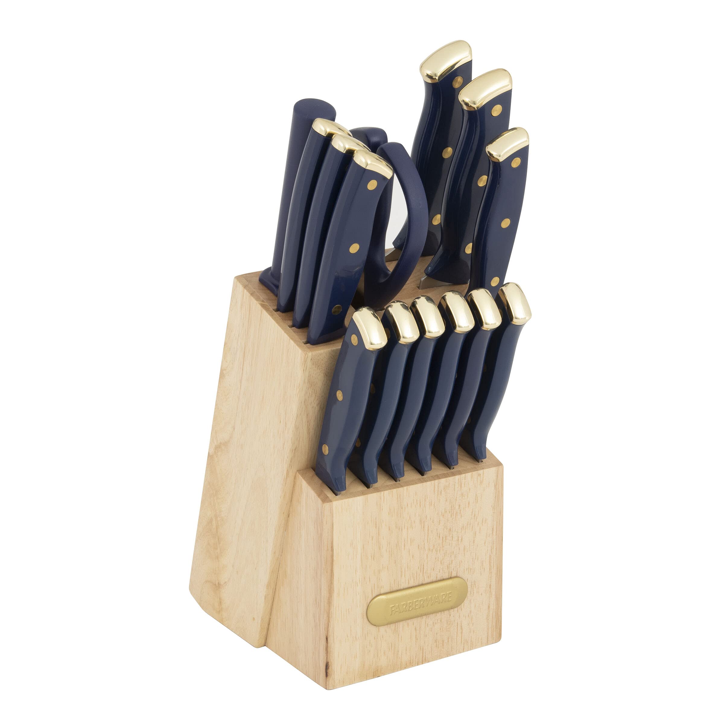 Farberware Triple Riveted Knife Block Set, 15-Piece, Navy and Gold, High-Carbon Stainless Steel Blades, Ergonomic Handles, Includes Wood Storage Block