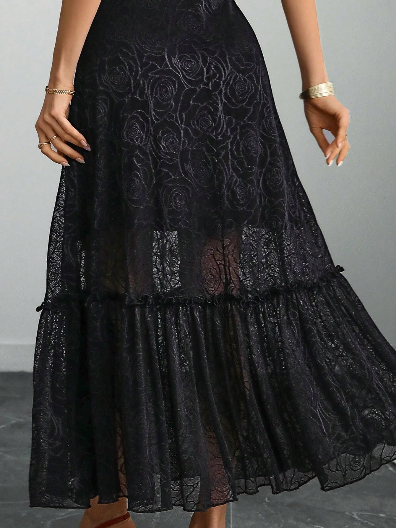 GothDark Womens Elegant Vintage Floral Lace Dress Short Sleeve Double Layer Gothic Midi Wedding Guest Cocktail Dresses Black