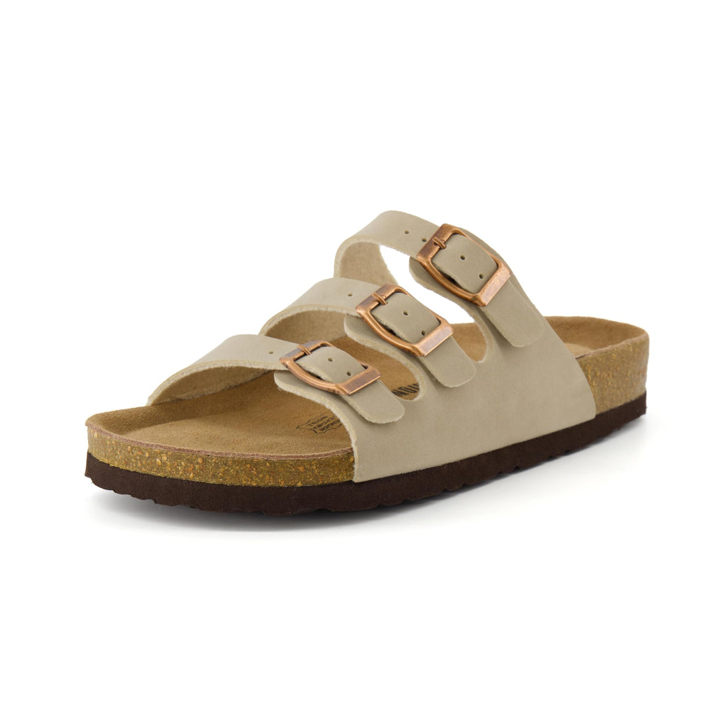 CUSHIONAIRE Lela Slip On Womens Sandals with Vegan Adjustable Straps & Genuine Suede Cork Footbed - Comfortable Memory Foam Sandals for Women 2025, STONE 12W