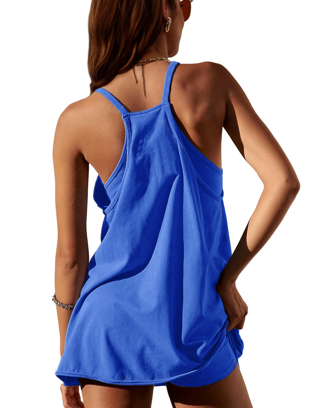 Zhiyouni Women's Summer Sleeveless Mini Dress V Neck Spaghetti Straps Athletic Built-in Shorts Sundress(KleinBlue-M)