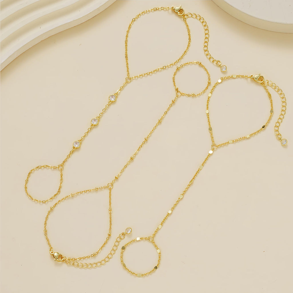 3PCS 14K Gold-Plated Hand Chain Bracelets for Women, Stack Bracelets Set Adjustable, Dainty Ring Bracelet Hand Chain