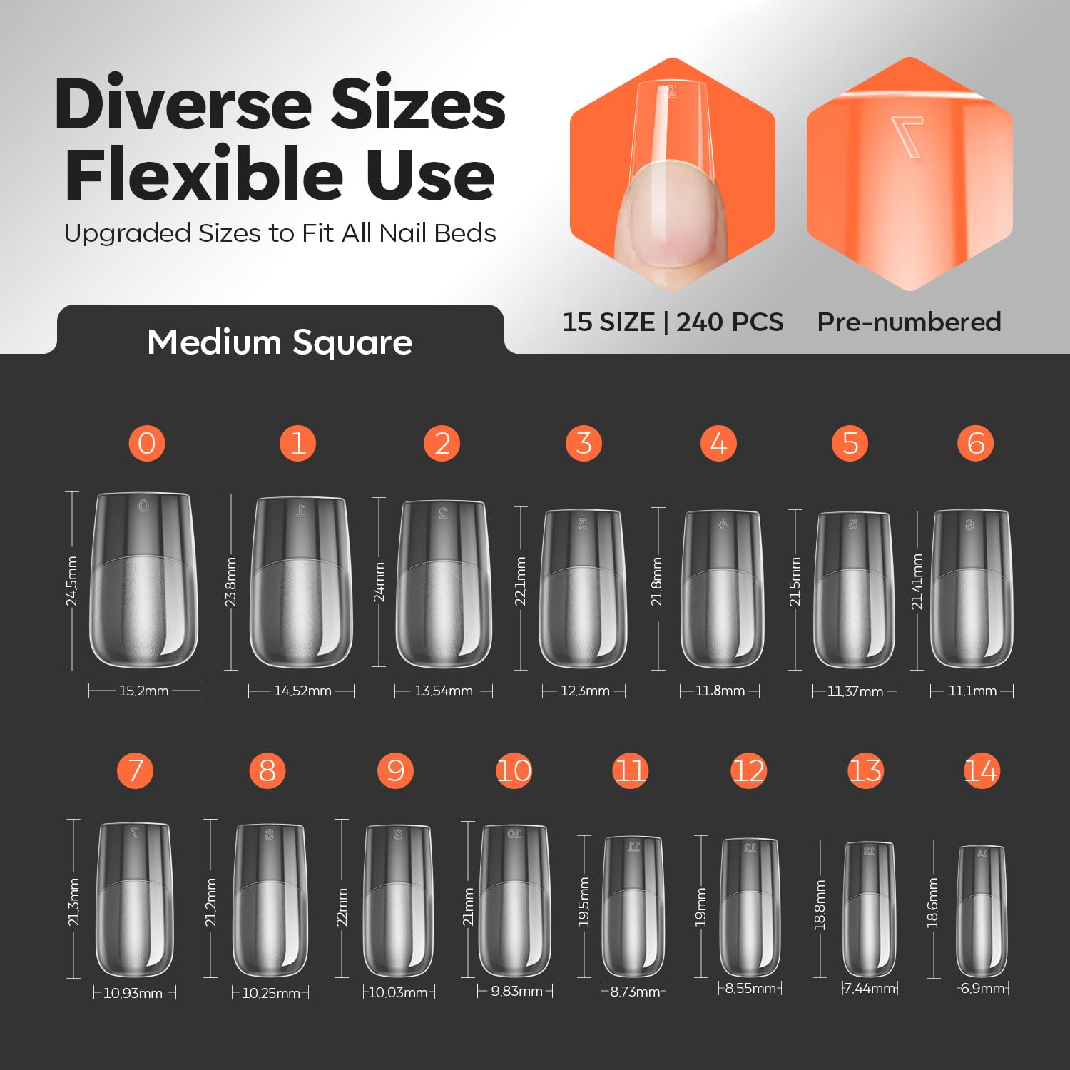 modelones X Nail Gel Kit Square, 15Sizes False Nail Tips Instant Apex Solid Glue & Mini LED Light, Medium Square Pre-Building Thick Acrylic Press on Tips U/V Lamp Extension Kit Women Gift 240Pcs