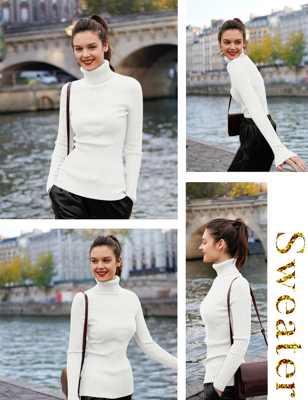 v28 Women Stretchable Turtleneck Knit Long Sleeve Slim Fit Sweater (M,White)