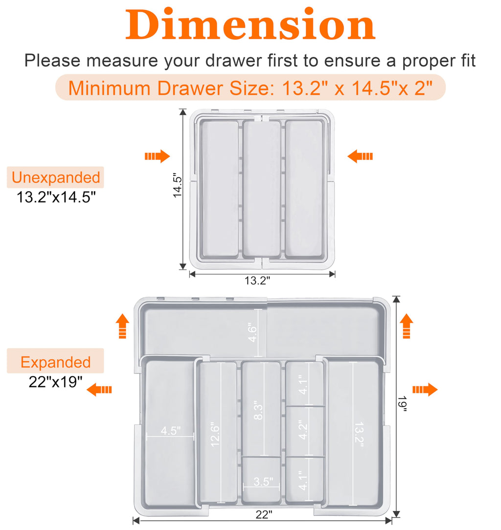 Spaclear Large Utensil Drawer Organizer Expandable Silverware Organizer for Kitchen Drawer Adjustable Cooking Utensil Holder Cutlery Flatware Tray Spatula Tools Gadgets Storage Dividers Plastic Grey