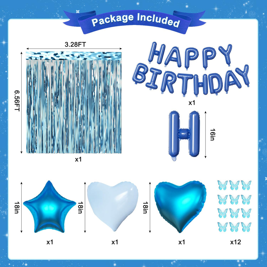 Navy Blue Birthday Decorations for Men Boys, Navy Blue Macaron Light Metallic Blue Confetti Balloons Happy Birthday Banner Butterfly Fringe Curtains for 21st 25th 30th Birthday Decorations