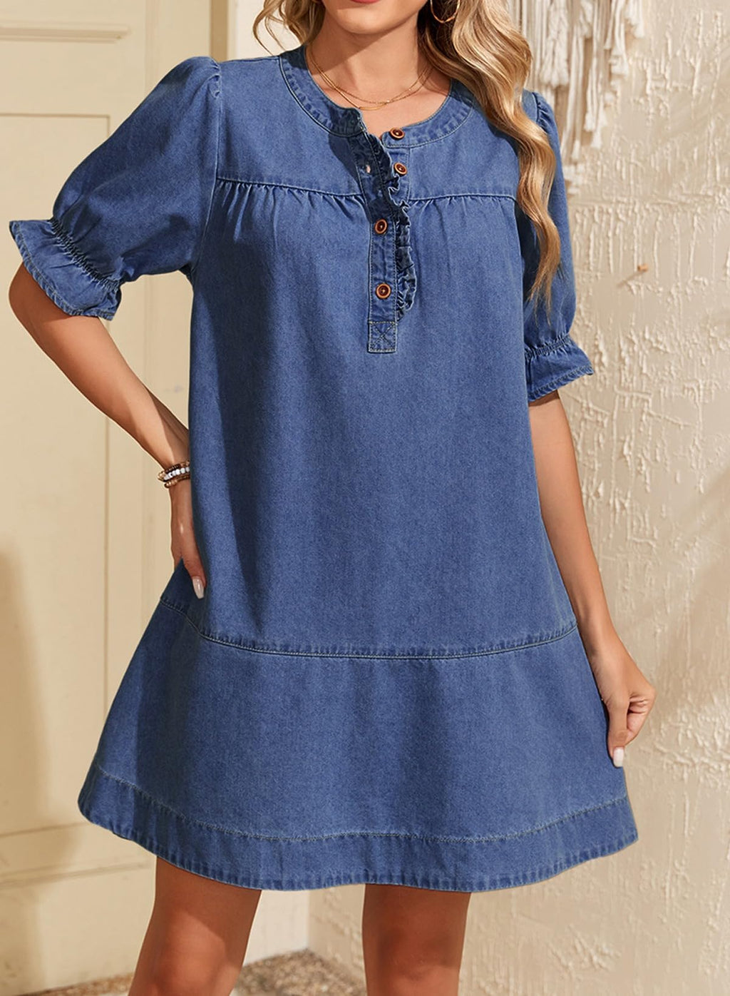 Dokotoo Dresses for Women Casual Summer Short Sleeve Babydoll Denim Dress Ladies Cute Crew Neck Button Front Fashion Mini Jean Dresses Outfits Dark Blue Large
