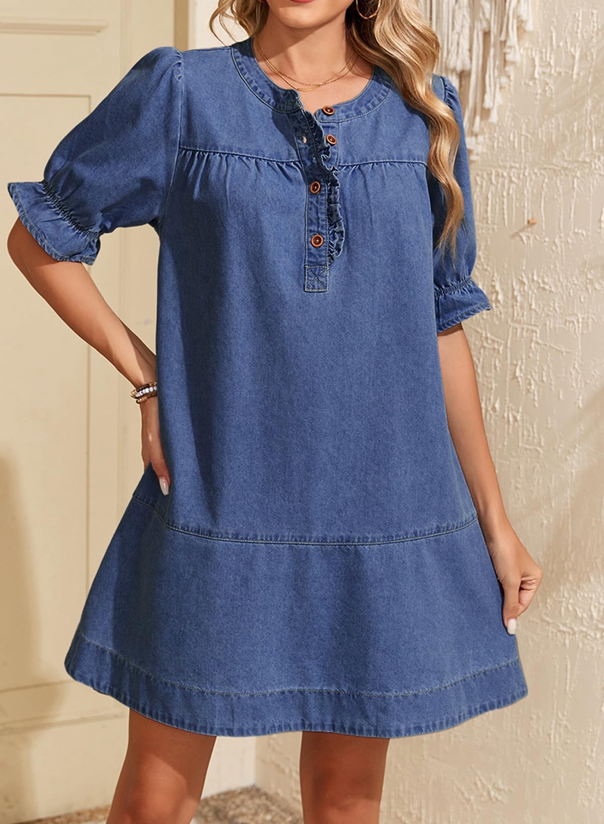 Dokotoo Dresses for Women Casual Summer Short Sleeve Babydoll Denim Dress Ladies Cute Crew Neck Button Front Fashion Mini Jean Dresses Outfits Dark Blue Large