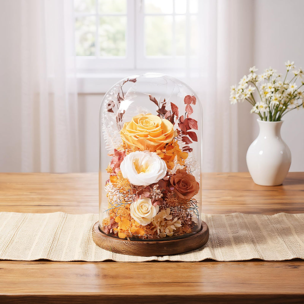 lovenfold Flowers for Delivery Prime Preserved Flowers Rose in Glass Dome,Orange Rose Forever Flowers Birthday Gifts for Women Mom Grandma Friend Thanksgiving Gifts for Her,Home Decor