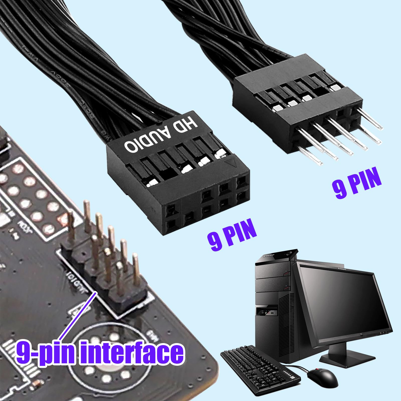ELFJMZP 30cm PC Motherboard Front Audio Extension Cable - Male to Female, Black Ribbon, HD Audio 9PIN Connector, 24AWG Tinned Copper - Ideal for ATX Front Audio Extension & Neat Cable Management