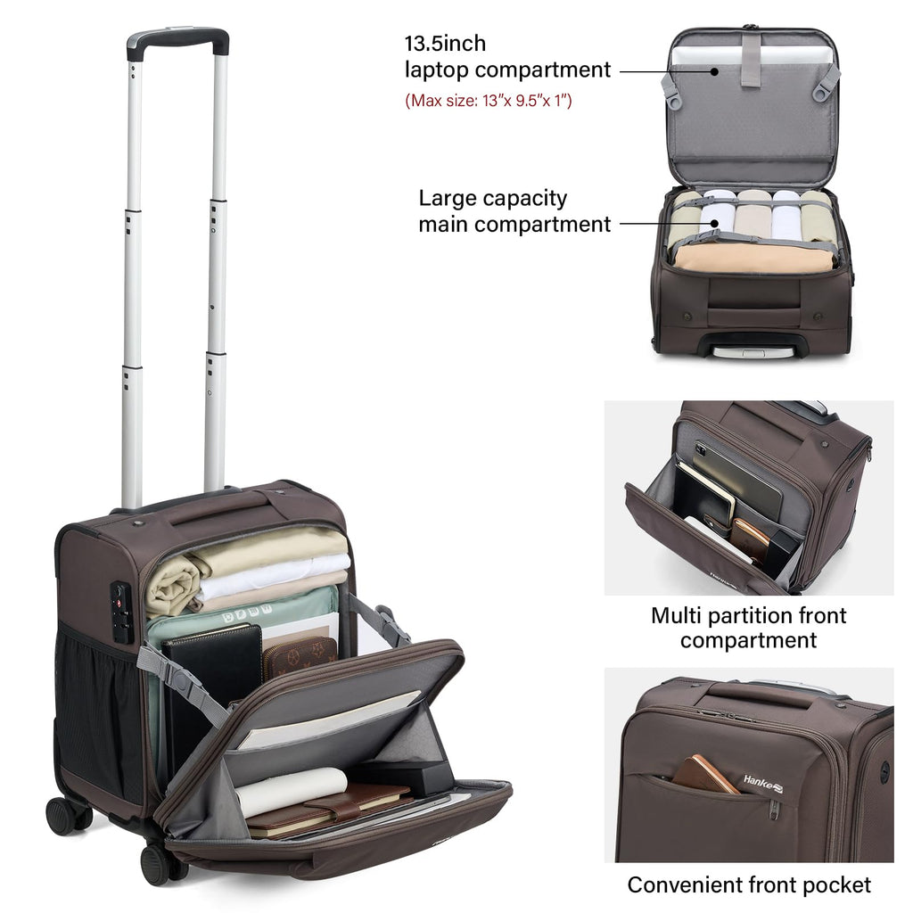 Hanke 16 Inch Underseat Carry On Luggage with Wheels Small Suitcase Softside Luggage Bags for Travel Lightweight Suitcases with Wheels Travel Luggage Personal Item for Men and Women.(Coffee)