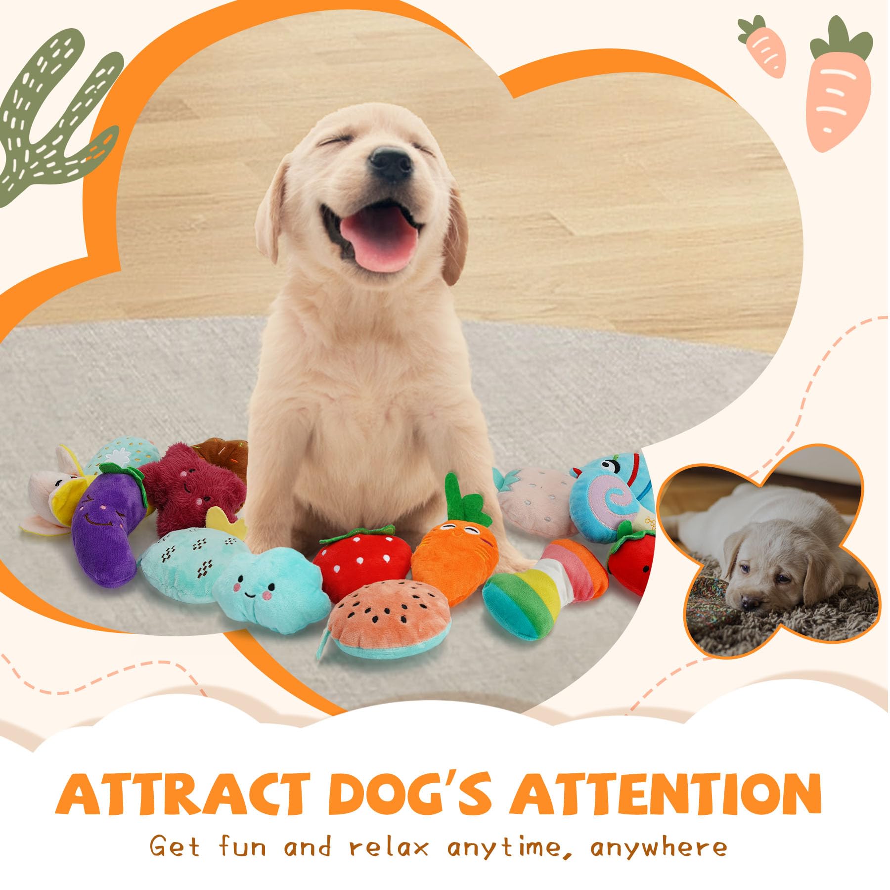 QTwoof Cheerful 20-Pack Squeaky Dog Toys Set - Included 4 Dog Bags, Plush Puppy Toys with Irresistibly Cute Characters for Small Dogs, Interactive Dog Squeak Toys for Fun&Teeth Cleaning