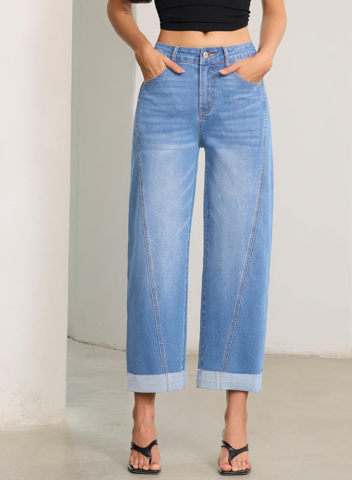 Sidefeel Women's Barrel Jeans High Waisted Wide Leg Capri Baggy Boyfriend Denim Pants Size 14 Sky Blue