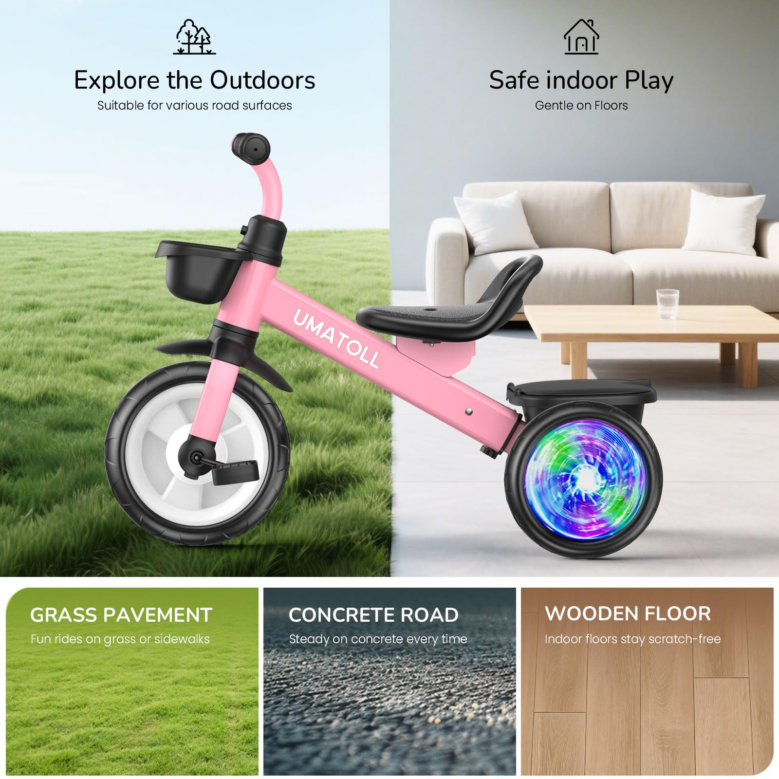 Umatoll Tricycle for Toddlers 2-5 Year Old, Ajustable Toddler Bike Outdoor Toys, Birthday Gift for Girl Age 2-4, Trike with Light up Wheels