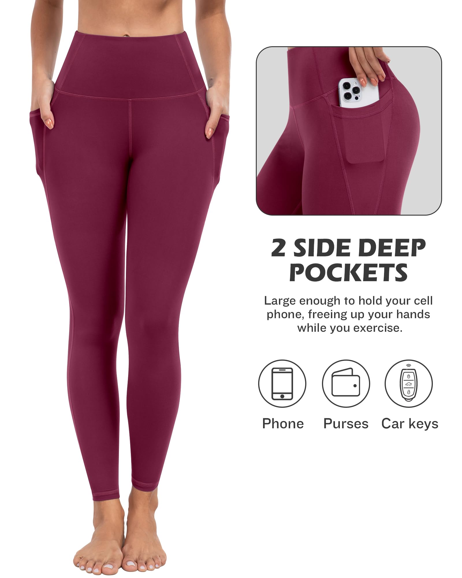 ATHVOTAR Leggings with Pockets for Women, 7 Packs High Waisted Workout Tummy Control Yoga Pants Black/Gray/Navy/Burgundy/Army Green/Dark Brown/Cassis L