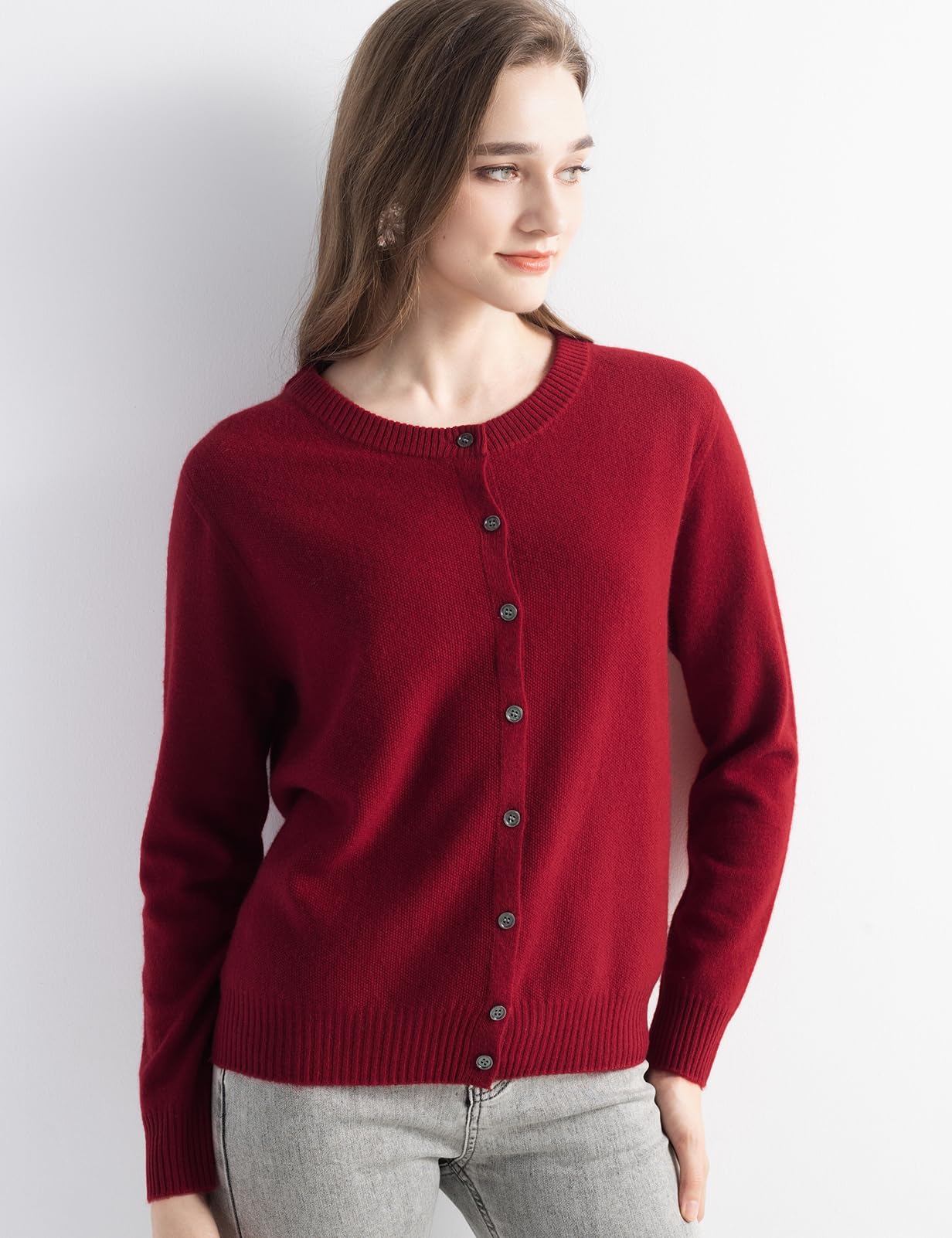 Chanyarn Women's 100% Pure Cashmere Cardigan Crew Neck Long Sleeve 2025 Fall Winter Warm Soft Knit Cardigan Sweater (Wine Red26107,M)