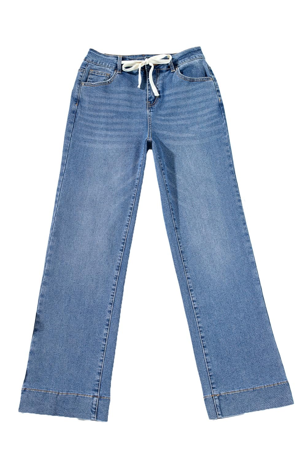 Sidefeel Women's Wide Leg Jeans High Waisted Stretchy Straight Baggy Drawstring Denim Pants Light Blue Size 8