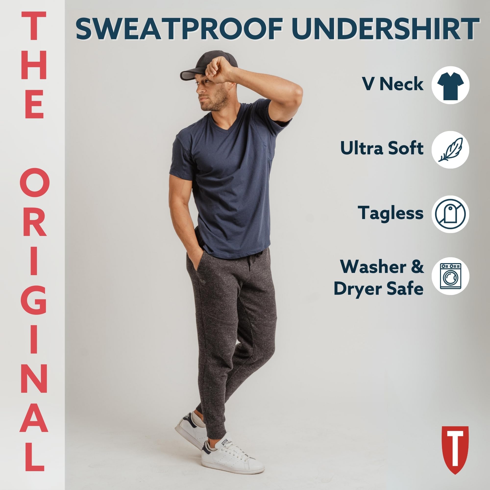 Men's Sweatproof Undershirt - Cotton V Neck T-Shirt with Underarm Sweat Pads - Original Fit - Aluminum-Free Alternative - White - X-Large