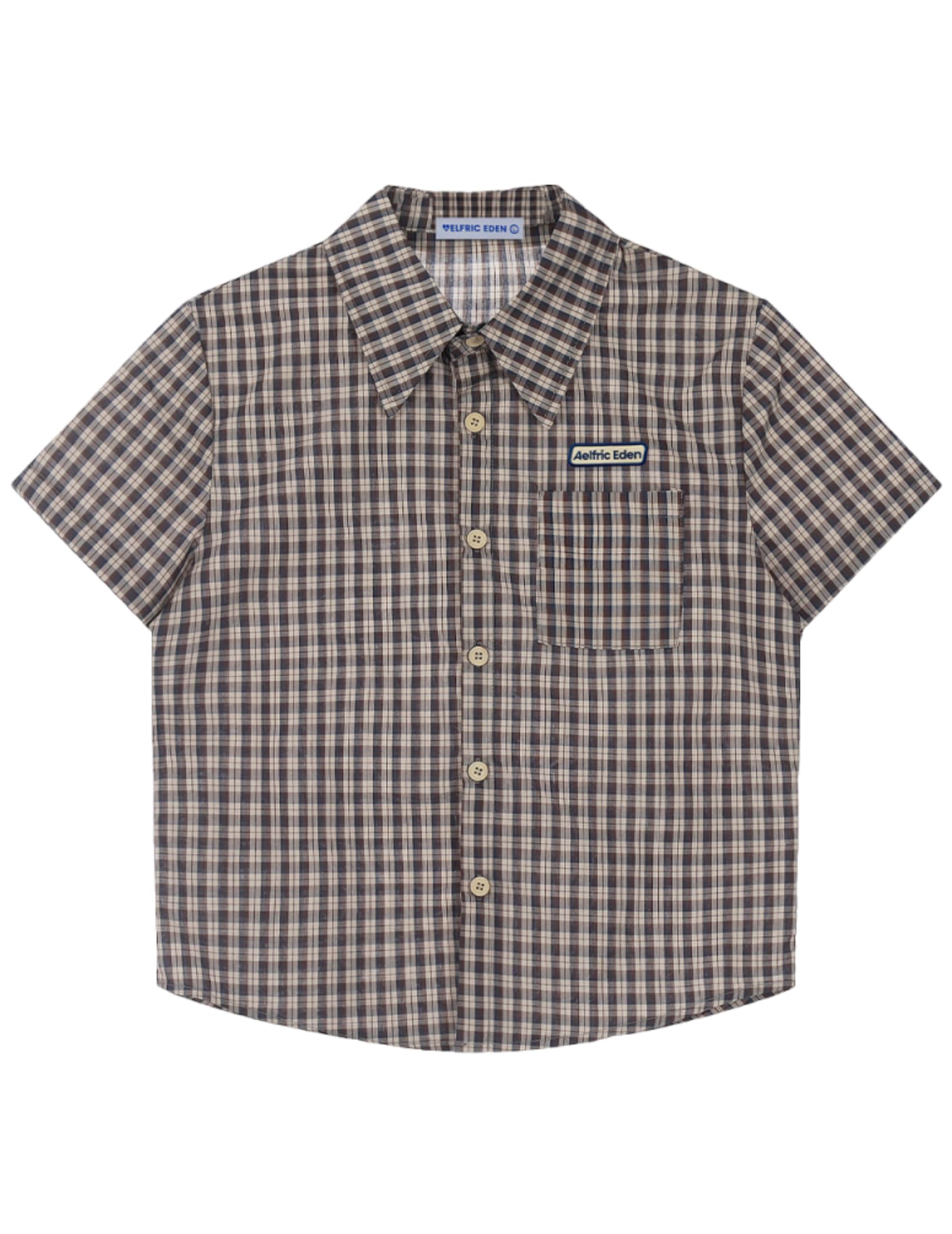 Aelfric Eden Mens Button Down Shirts Boxy Plaid Short Sleeve Shirt Streetwear Summer Tops Brown
