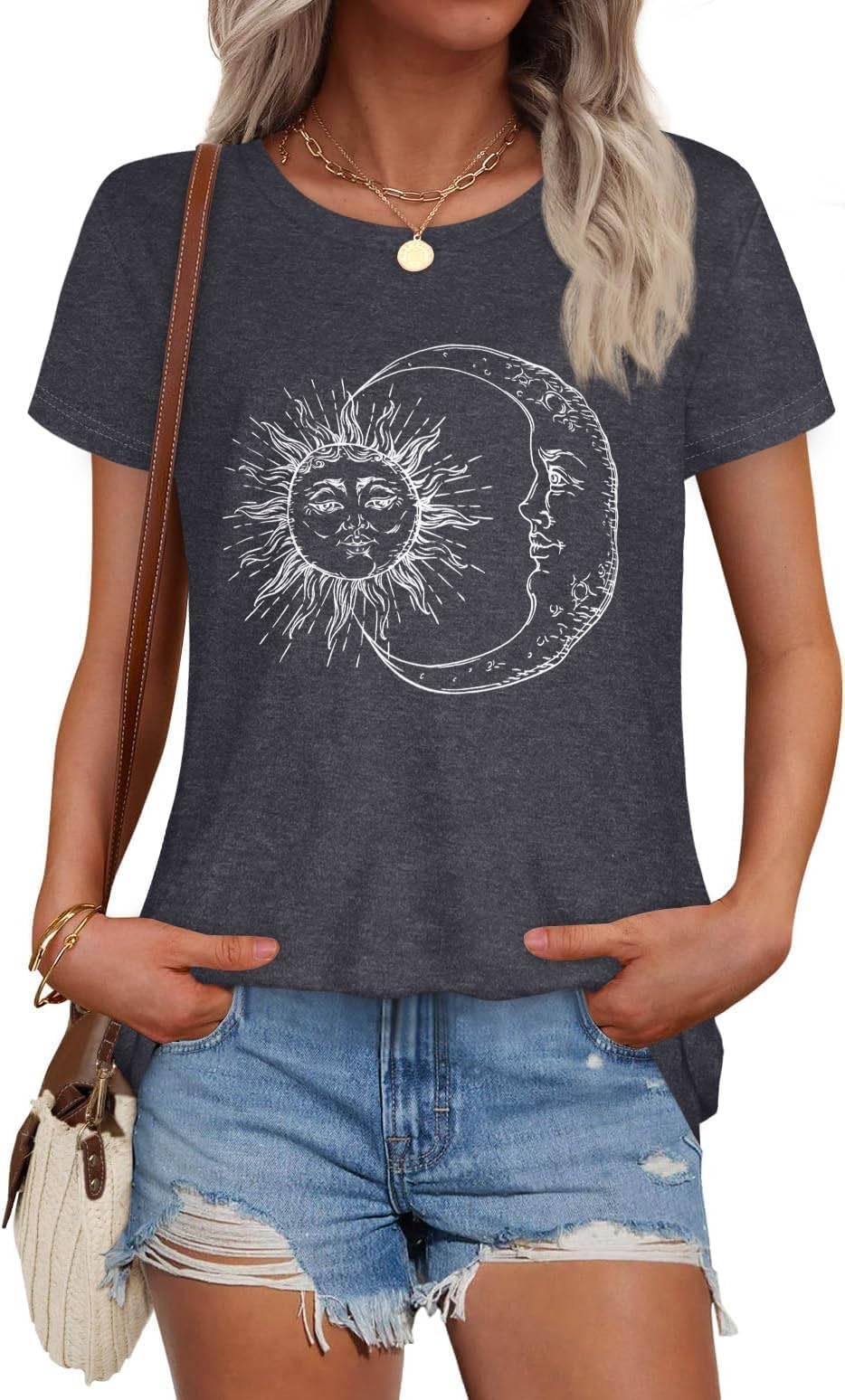 T Shirts for Women Summer Short Sleeve Crewneck Casual Cute Graphic Basic Tees Tops, Deep Grey Moon, L