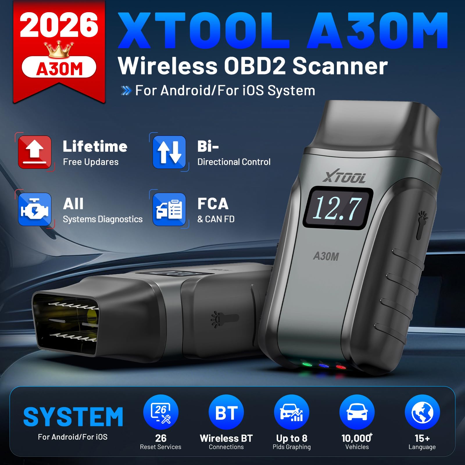 OBD2 Scanner Diagnostic Tool XTOOL Anyscan A30M V2.0, 2026 Wireless Bidirectional Scan Tool with Free Updates, 26 Resets, All System for Android & iPhone, Crank Sensor Relearn, EPB, Throttle Relearn