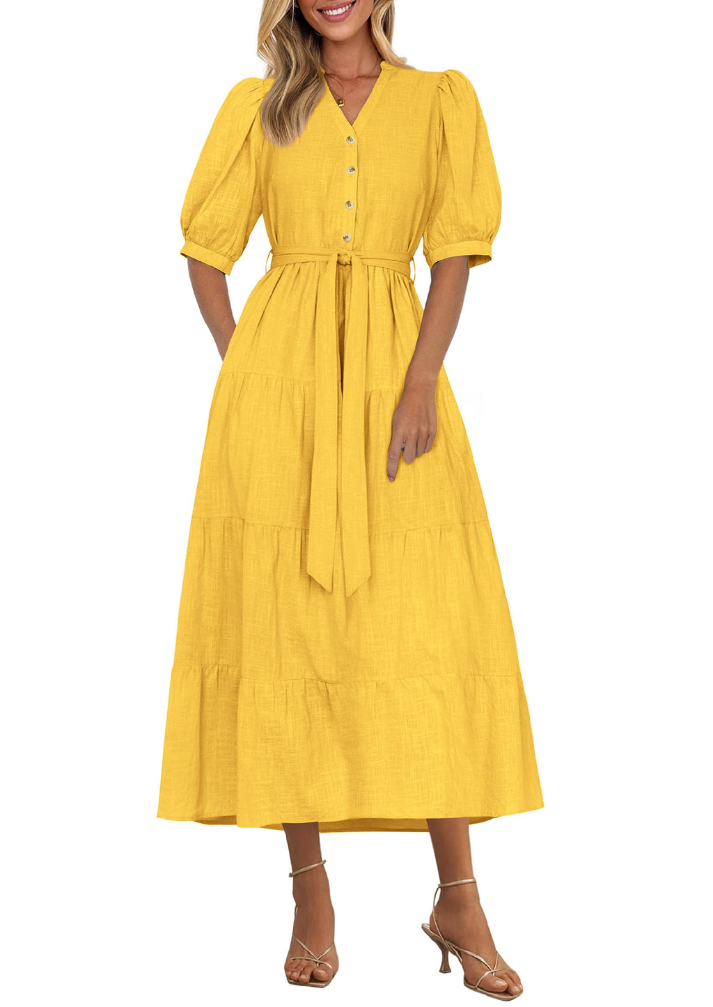 PRETTYGARDEN Summer Dresses for Women 2026 Elegant Classy Short Sleeve V Neck Ruffle A Line Belted Long Beach Vacation Dress (Yellow,XX-Large)