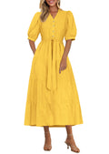 PRETTYGARDEN Summer Dresses for Women 2026 Elegant Classy Short Sleeve V Neck Ruffle A Line Belted Long Beach Vacation Dress (Yellow,XX-Large)