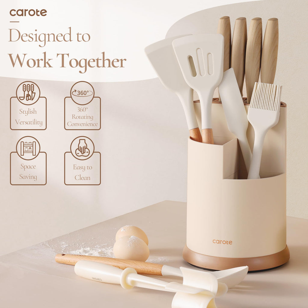 CAROTE 13Pcs Kitchen Utensils Set with 360 Rotating Knife Block, Heat Resistant Cooking Utensils with Wooden Handle, Nonstick Ceramic Surface, Cream White