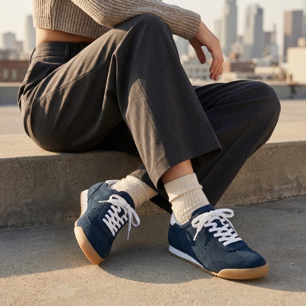 CUSHIONAIRE Topcat 100% Genuine Leather Suede Sneakers for Women, Lightweight Everyday Casual Womens Shoes with Retro Style and Cushioned Comfort, Navy 8.5