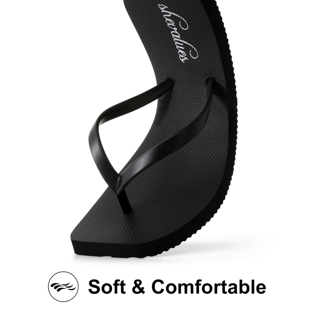 shevalues Women's Slim Square Toe Flip Flops Comfortable Summer Rubber Thong Sandals for Beach, Shower & Pool, Black, EU39