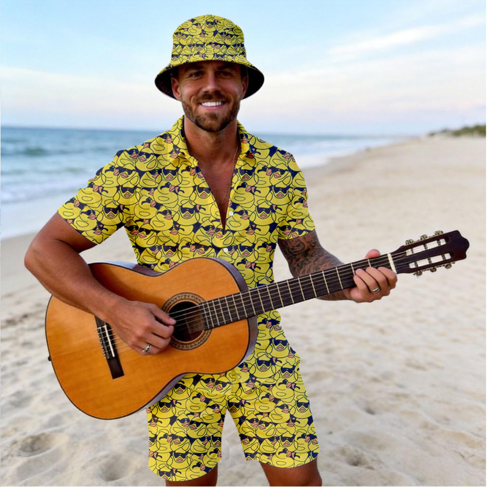 Wdpsuxin Mens Sunglasses Rubber Duck 2 Piece Short Set Hawaiian Button Down Shirt And Compression Liner 2 In 1 Shorts Sets With Bucket Hats Large