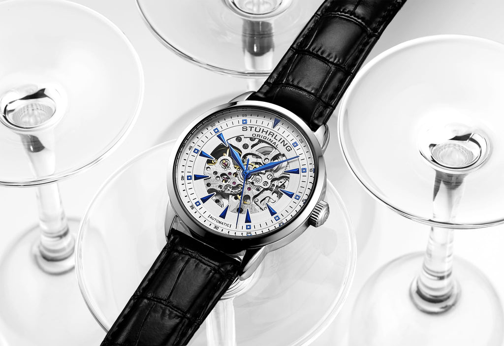 Stuhrling Original Mens Skeleton Automatic Dress Watch with Alligator Embossed Leather Strap Skeleton Dial