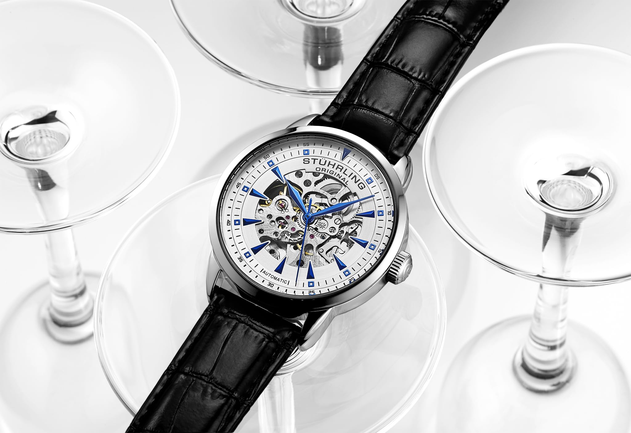 Stuhrling Original Mens Skeleton Automatic Dress Watch with Alligator Embossed Leather Strap Skeleton Dial