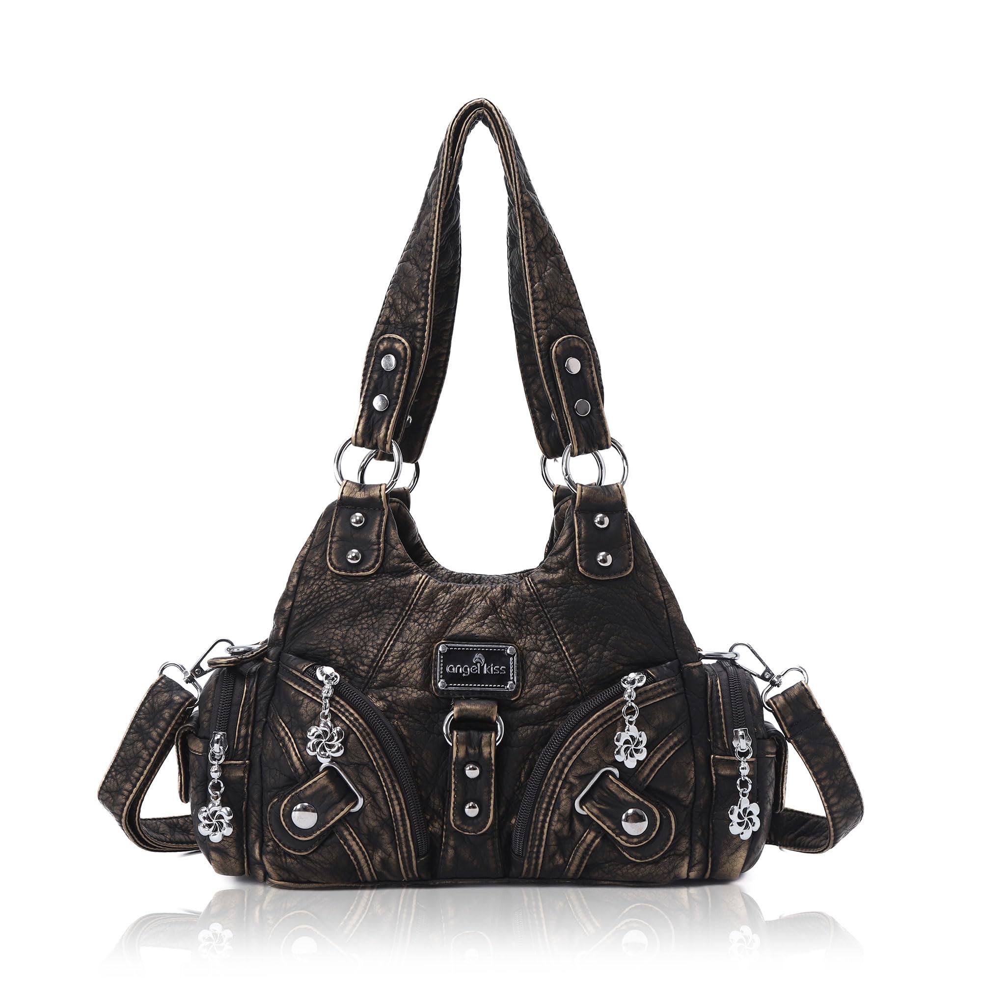 Angel Kiss Purses for Women Small Hobo Shoulder Bags Vagen Leather Multi-Pocket Tote Bag with Zipper (Bronze)