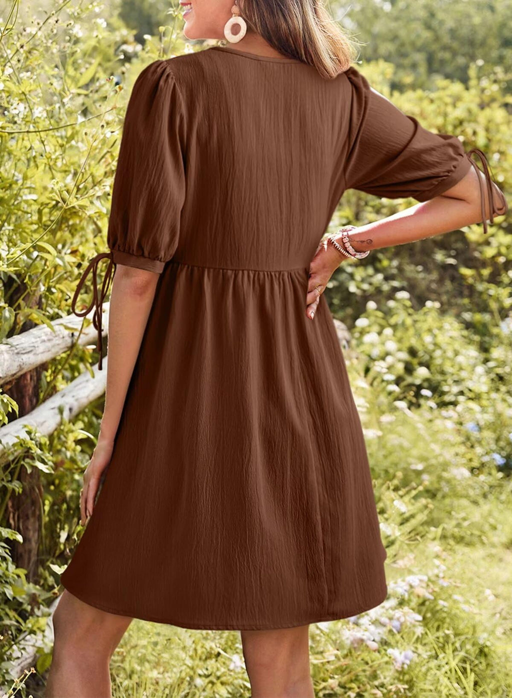 Dokotoo Chocolate Brown Summer Clothes Women's Summer Short Sleeve Tie Front Empire Waist A-Line Babydoll Loose Cute Mini Dress Coffee XX-Large