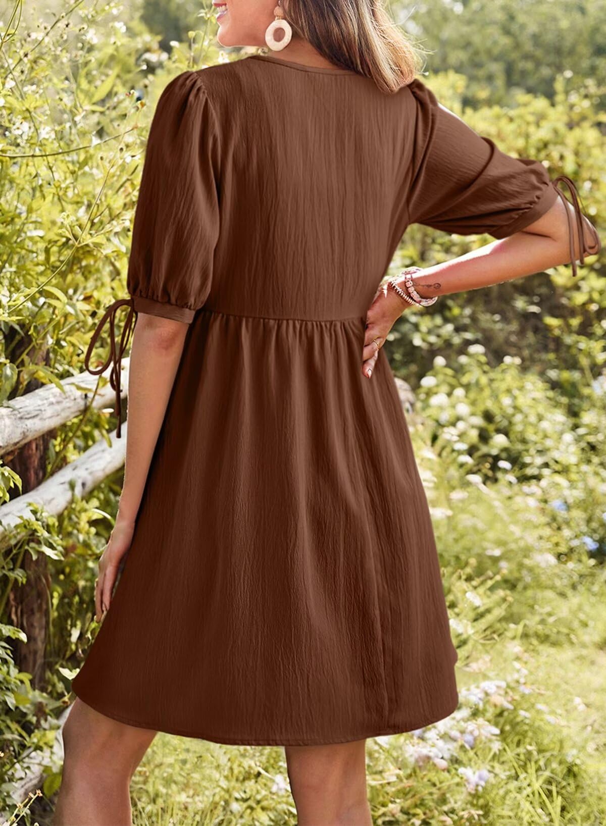 Dokotoo Chocolate Brown Summer Clothes Women's Summer Short Sleeve Tie Front Empire Waist A-Line Babydoll Loose Cute Mini Dress Coffee XX-Large