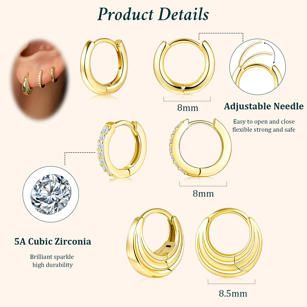 Poxtex Small 14K Gold Plated Huggie Hoop Earrings Set for Women, Hypoallergenic Trendy Hoops Stacks for Multiple Piercings, Dainty Cute Mini Lightweight Cartilage Helix Jewelry Gift Sensitive Ears