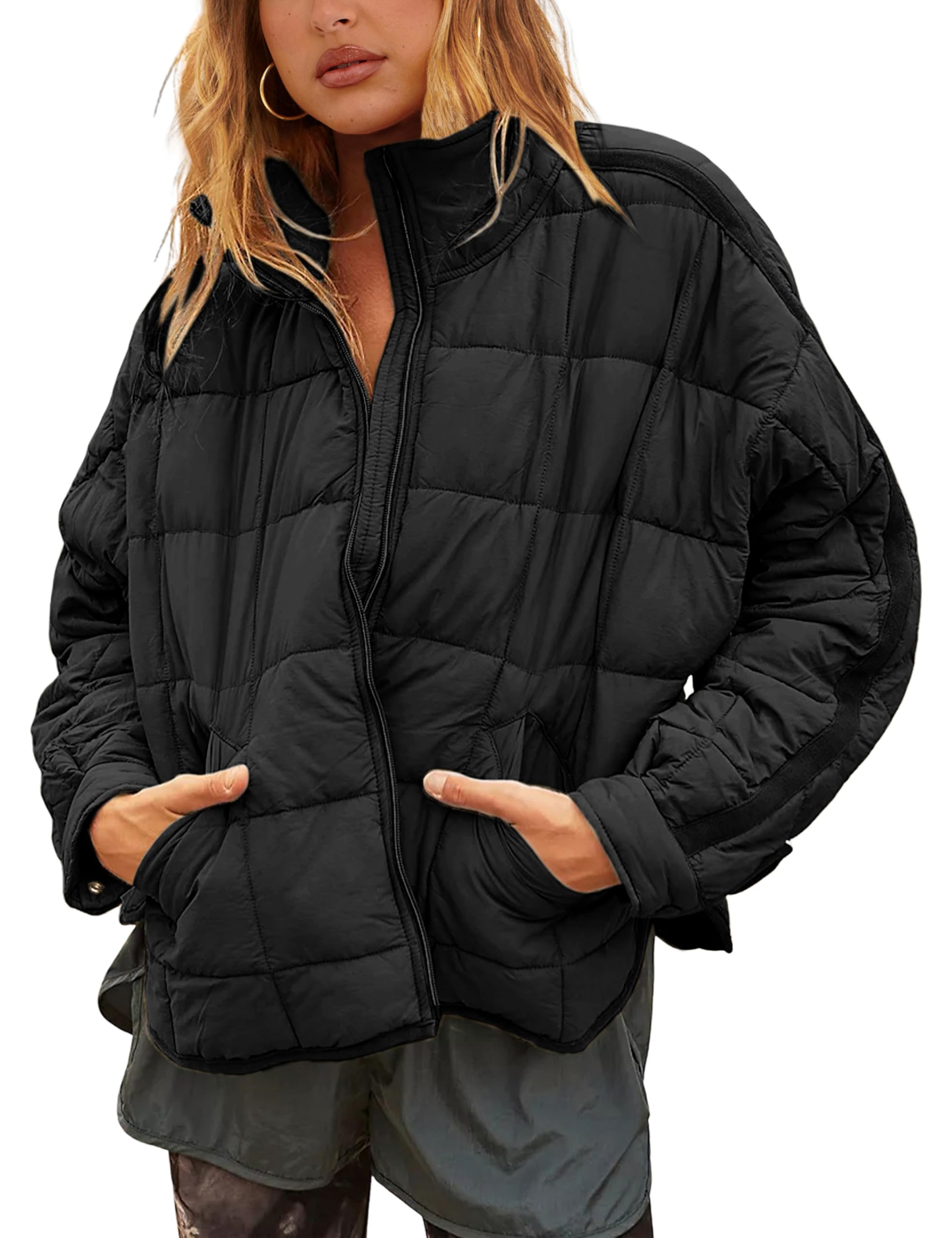 Bianstore Women's Oversized Splice Quilted Lightweight Puffer Jacket Casual Padded Coat(Black-Medium)
