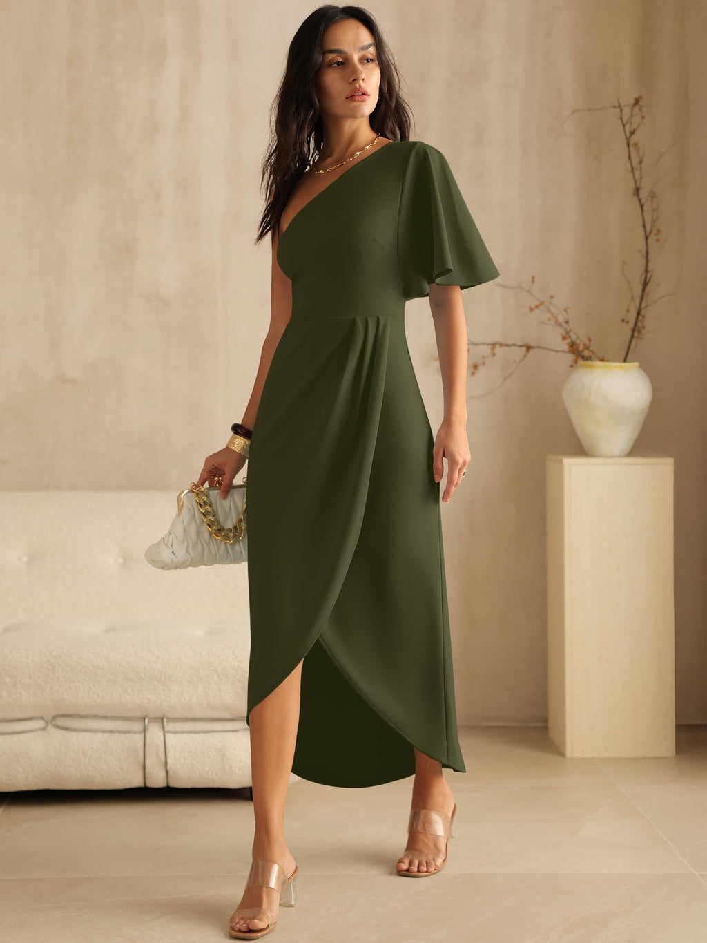 ANRABESS Womens One Shoulder Formal Midi Dresses 2026 Summer Wrap High Slit Beach Wedding Guest Party Cocktail Maxi Dress Army Green Small