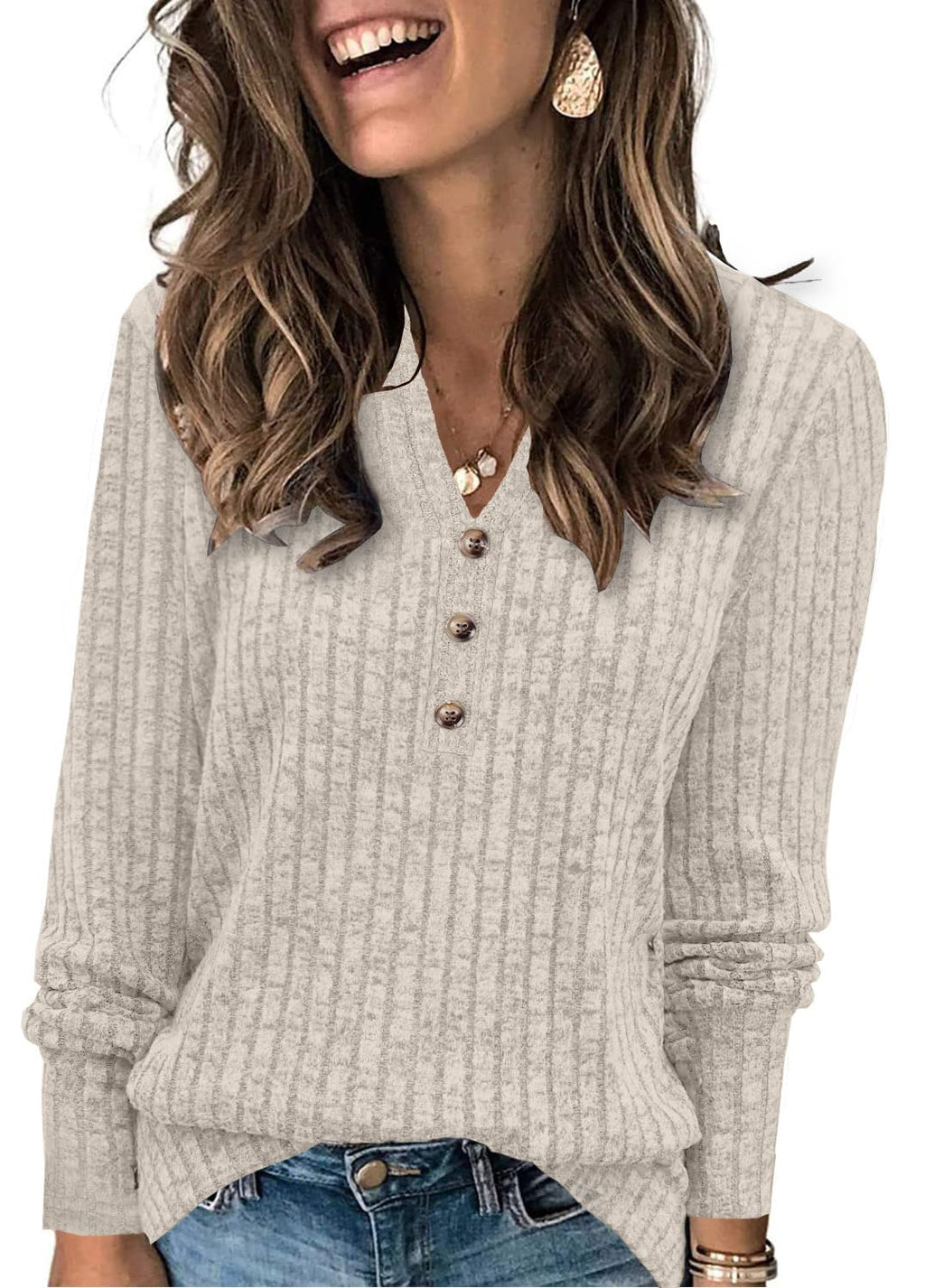 Womens Sweaters Fashion Tops 2025 Long Sleeve Pullover V Neck Sweatshirt Casual Loose Soft Trendy Cute Clothes Shirts Apricot