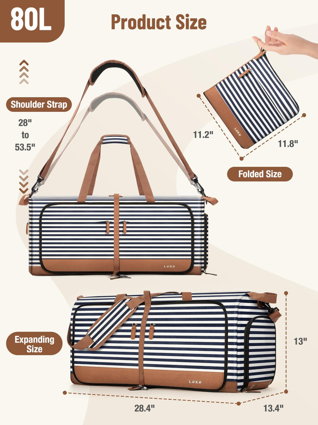 Lekesky Foldable Travel Duffle Bag for Women, 80L Large Duffel Bag with Separate Shoes Compartments & Straps, Carry On Weekend Bag for Women, Hospital, Overnight (Blue Stripes)