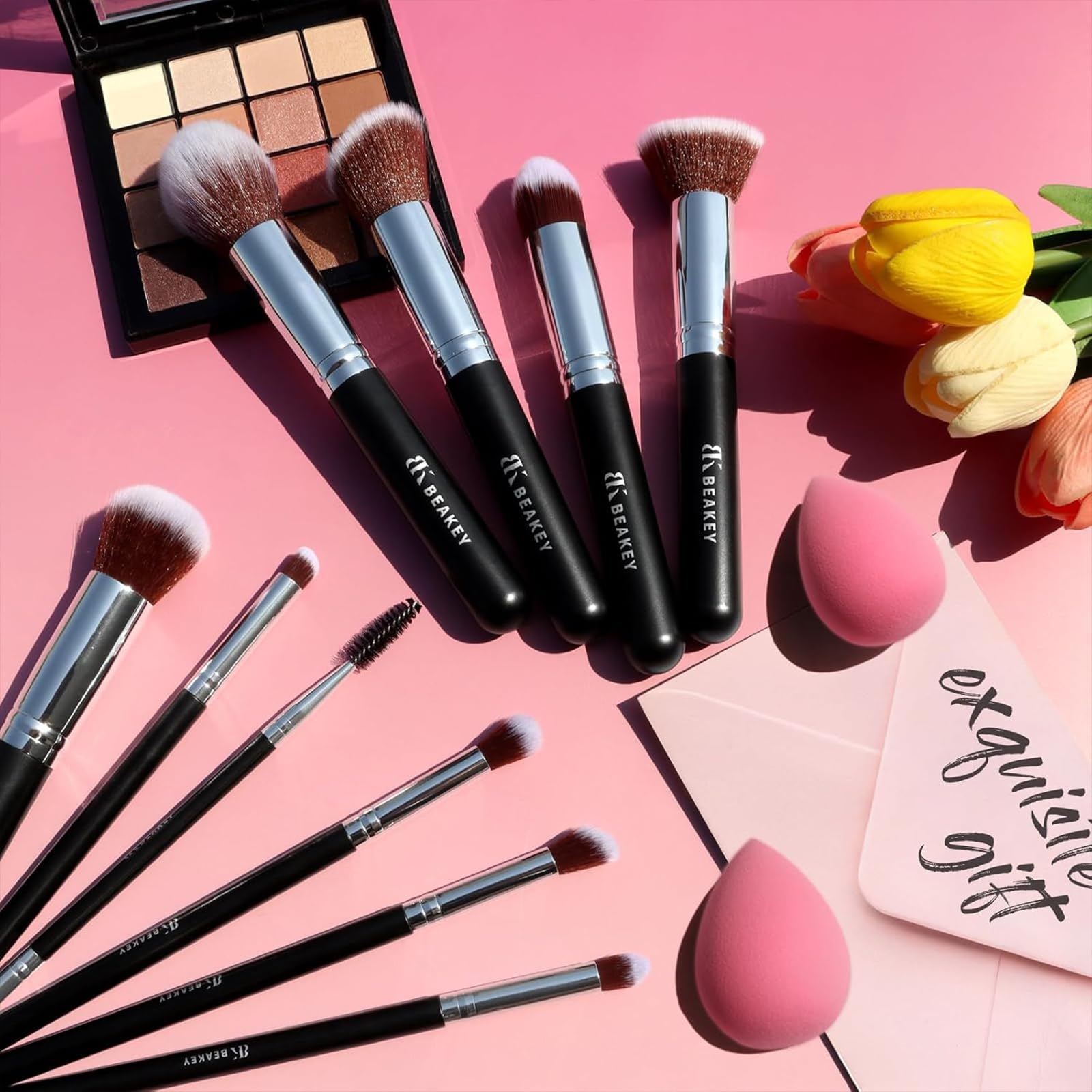 BEAKEY Makeup Brushes Set, Professional Foundation Eyeshadow Concealer Blush Powder Bronzer Applicator, 2 Blender Sponge with Beauty Paper Case,Stocking Stuffers
