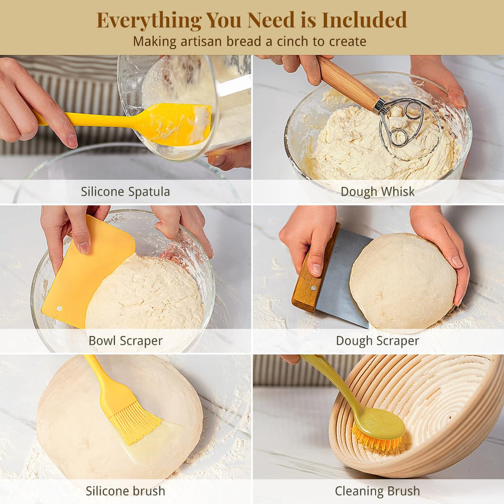 BAVIFY Sourdough Starter Kit, 9" Round & 10" Oval Banneton Bread Proofing Baskets Set, Sourdough Bread Baking Supplies Making Tools with Dough Scraper, Whisk, Bread Lame, Silicone Sling, Recipe