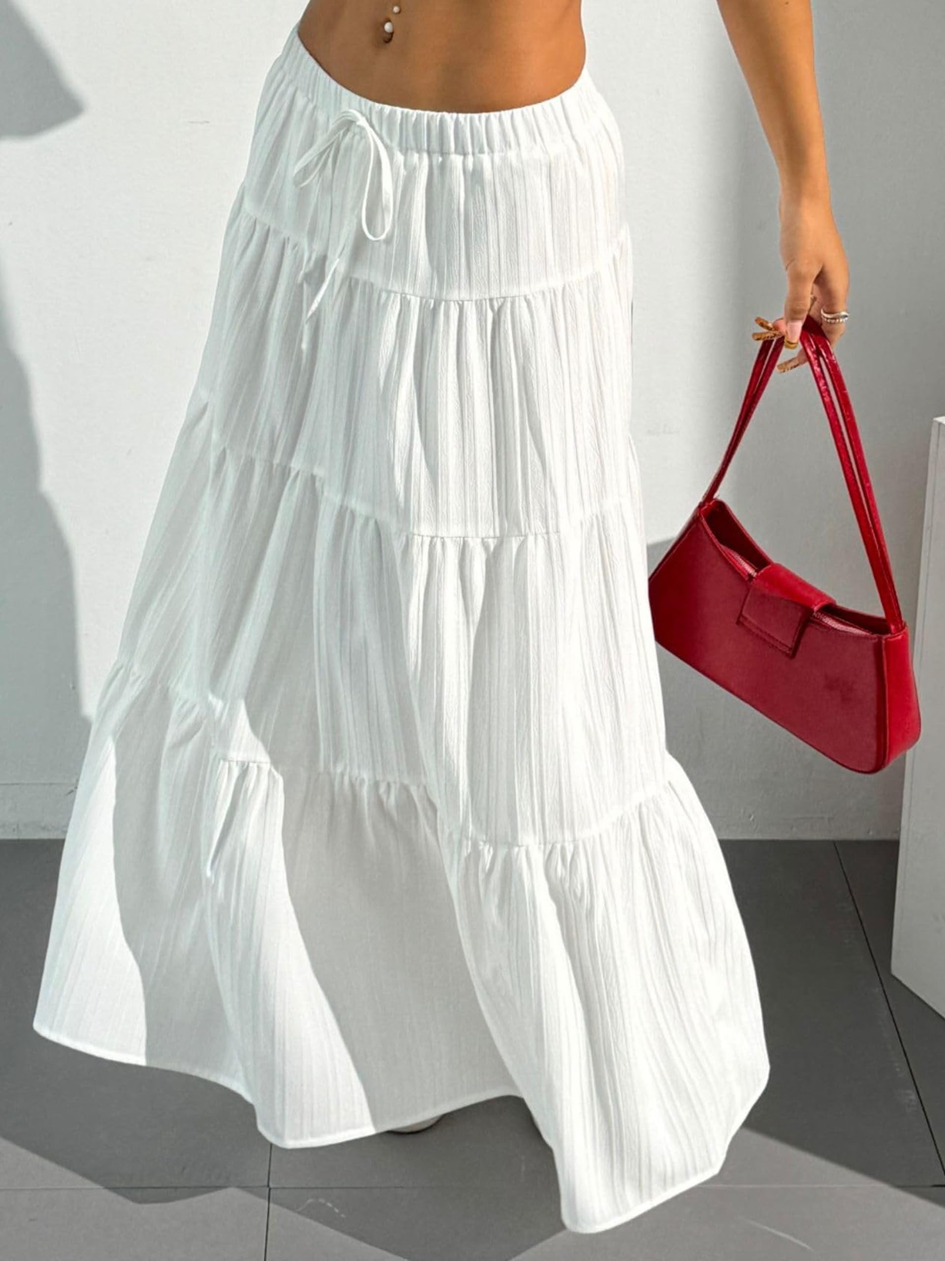 DERAX Women's Boho Flowy Maxi Skirts Elegant Flared Ruffle Hem Elastic High Waisted Summer Fall A Line Long Skirts White S