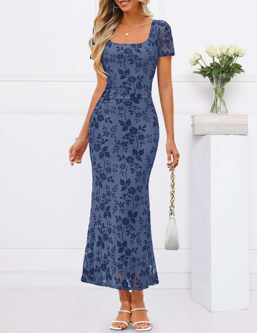 MEROKEETY Women Summer Floral Bodycon Maxi Dress 2026 Spring Wedding Guest Square Neck Short Sleeve Mesh Cocktail Party Dress, Dusty Blue, X-Small