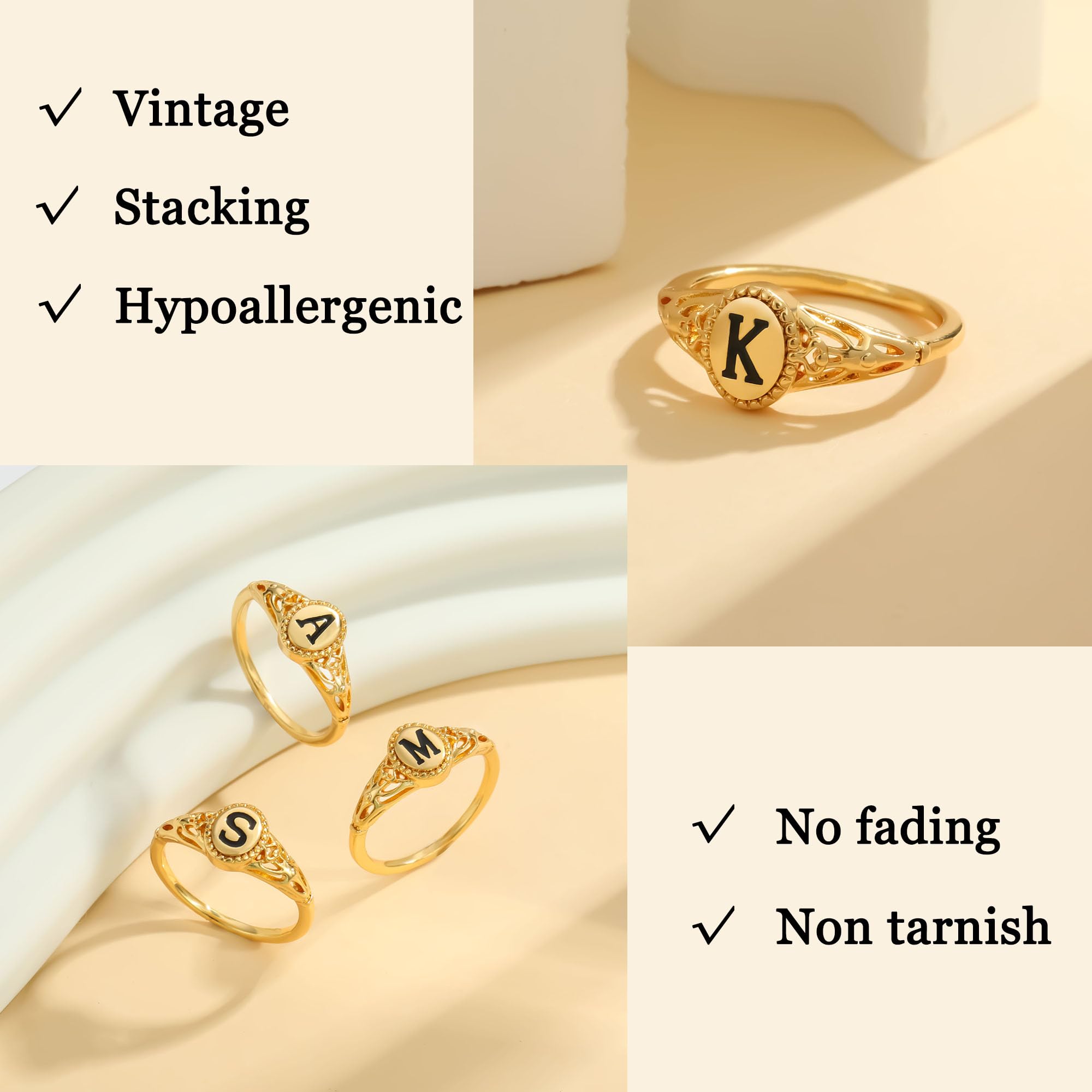 KOHOTA Gold Initial Rings for Women Non Tarnish Vintage 14K Gold Plated Letter Signet Ring Dainty Personalized Stackable Thumb Pinky Band Ring Size 6-10 Jewelry Gifts