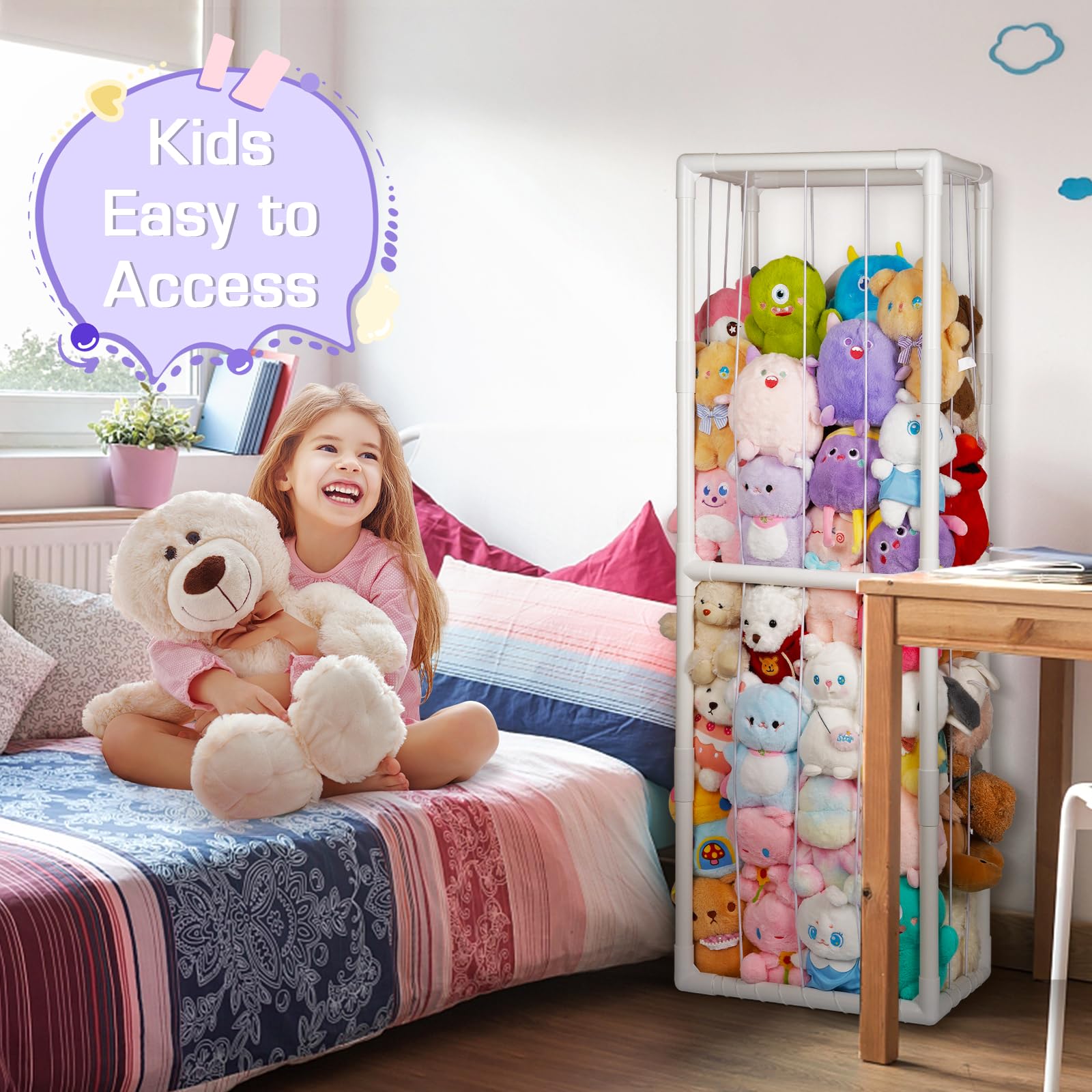 Trycooling Stuffed Animal Storage Zoo Holder Space Save Vertical PVC with Elastic Band and Net for Playroom Bedroom Nursery (White 1)